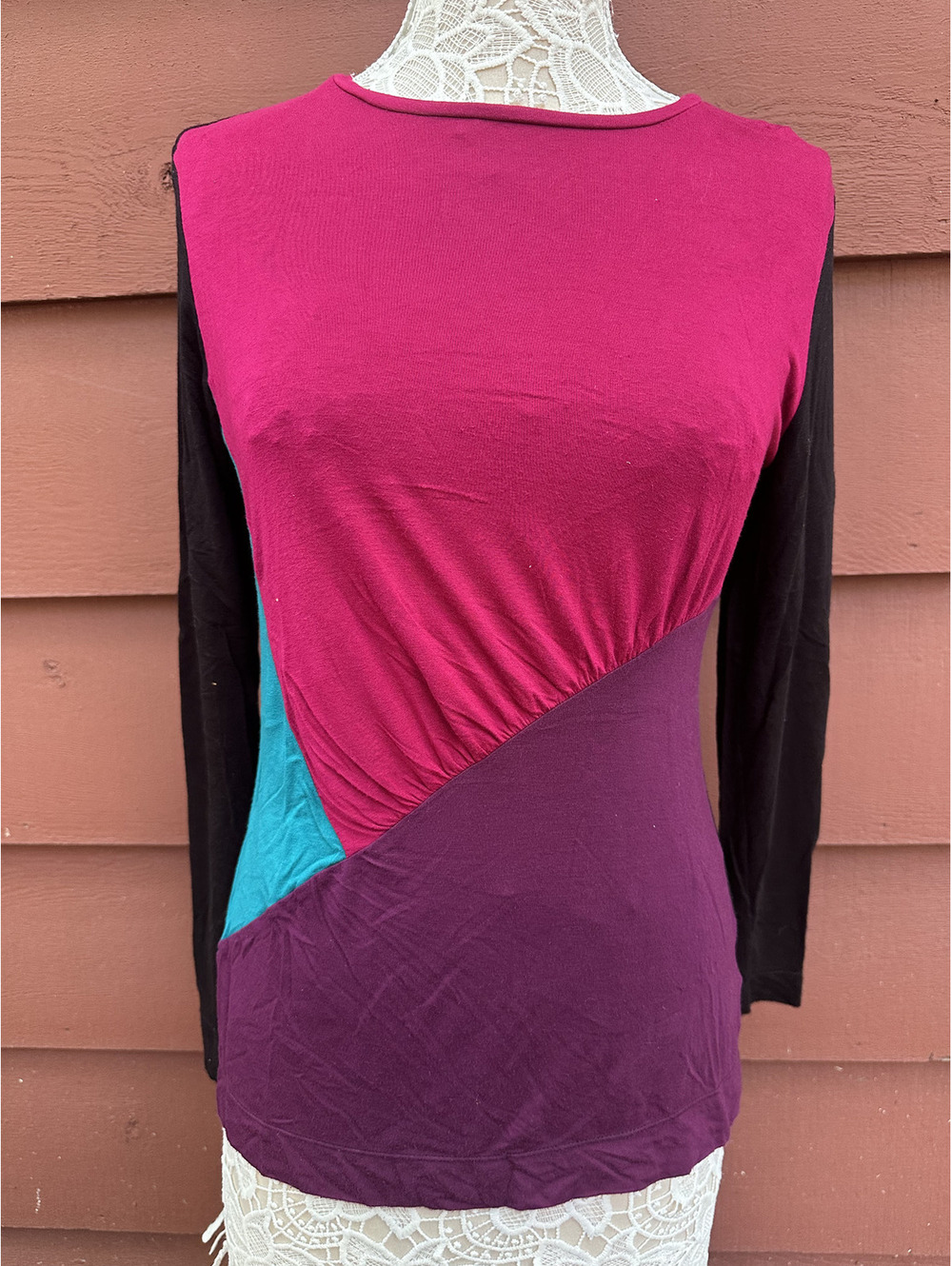 Narciso Rodriguez Colorblock Long Sleeve Top in Magenta Pink Teal and Plum Y2K